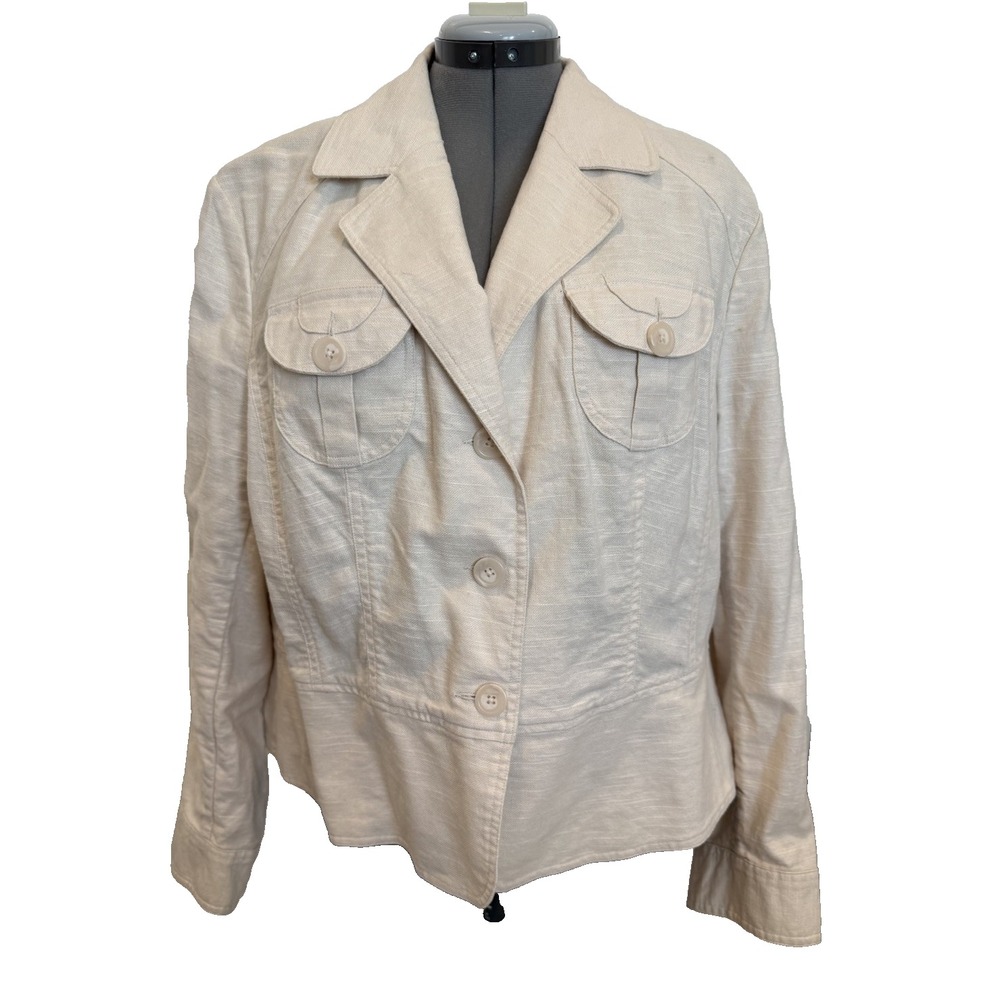 Blazer 20W Beige Linen Lined 3-Button Jacket Decorative Pockets PTP 25" - Picture 1 of 11